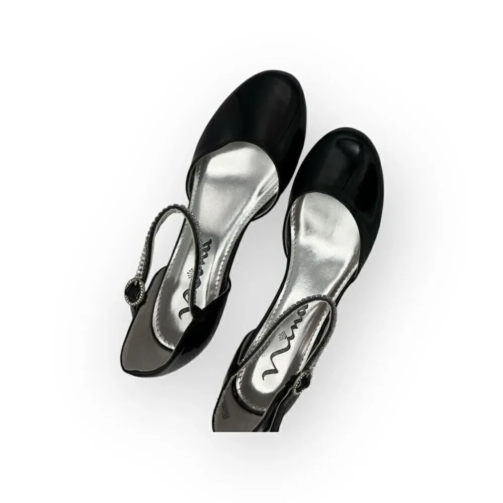 Nina Girls Cera Patent Leather Rhinestone Strap D'Orsay Heels Shoes Black Sz 3M